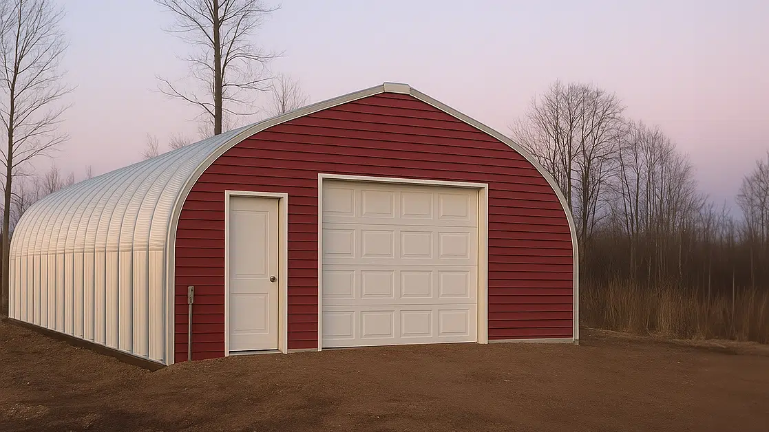 White and Navy Blue Prefab Steel Garage Building in Ontario