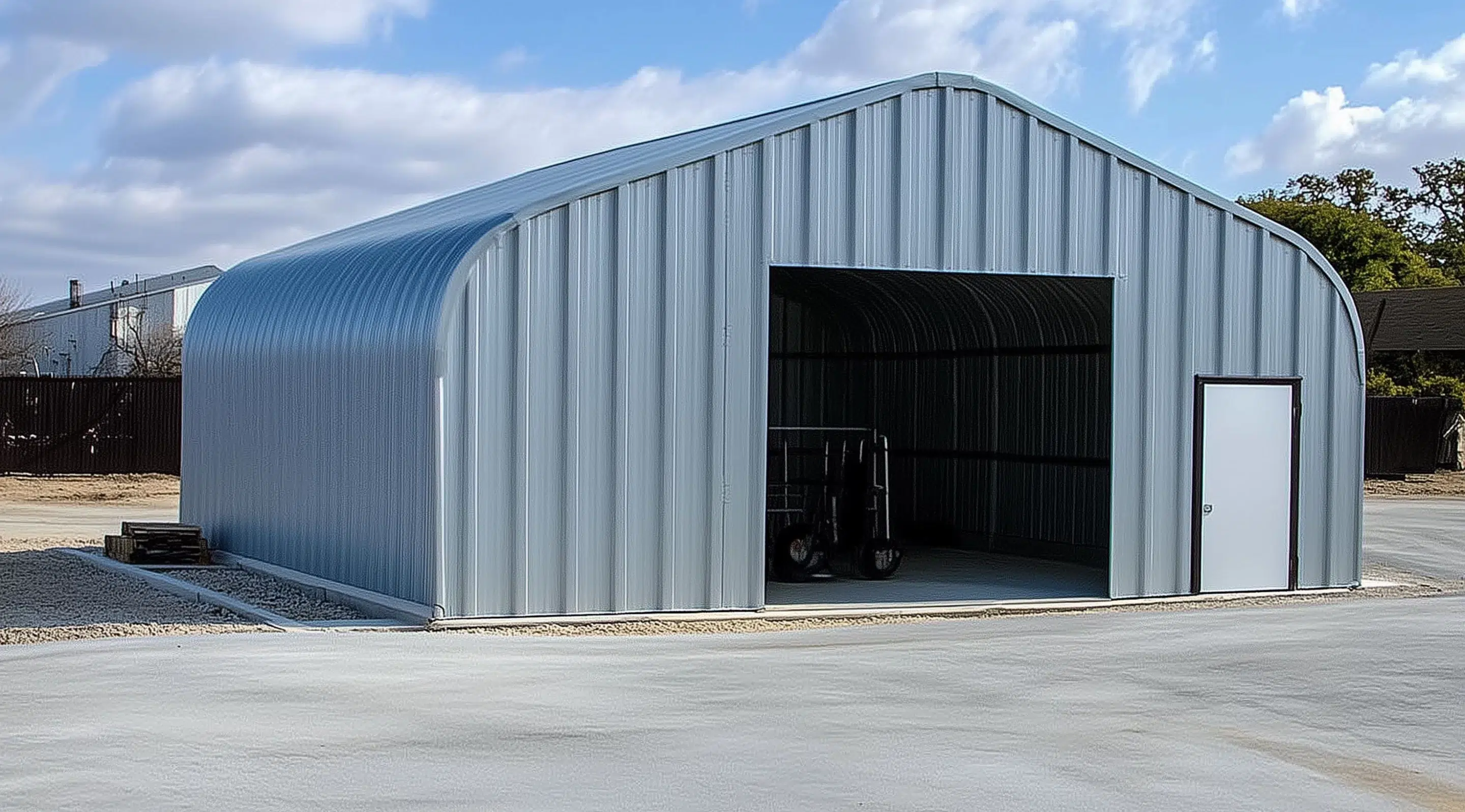 Large Span Quonset Kit for Workshop or Barn Use Image showing the interior of a modern steel factory with workers operating machinery and molten steel being processed.