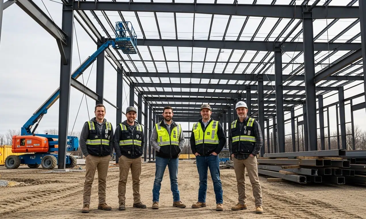 Large steel warehouse in Ontario featuring multiple garage doors for easy access and efficient storage solutions.