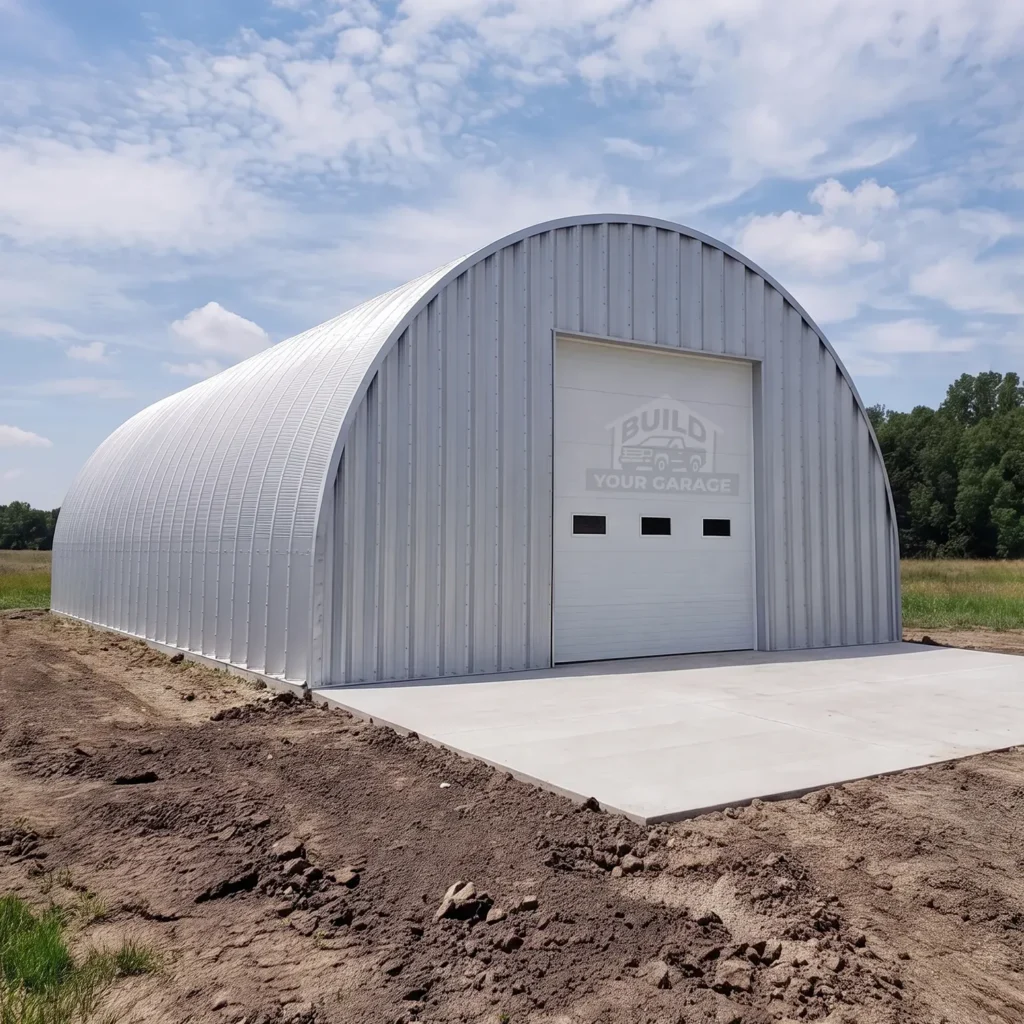 40x50 arched Quonset hut steel building in an open field