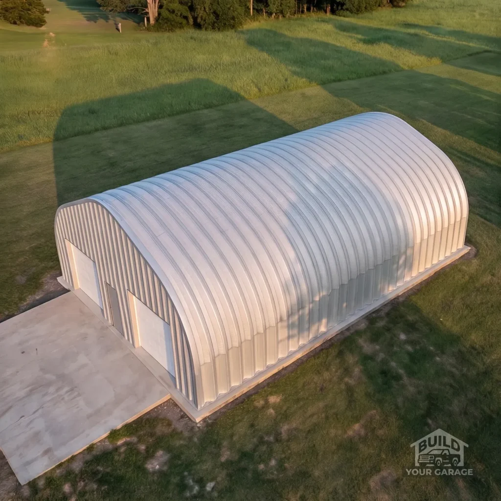 40x50 peaked steel Quonset hut on a grassy field