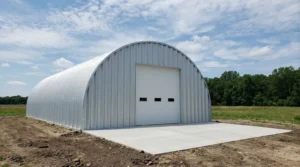 Quonset hut metal garage with large door in Alberta field.