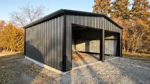 Charcoal black 2-car steel garage with open bays
