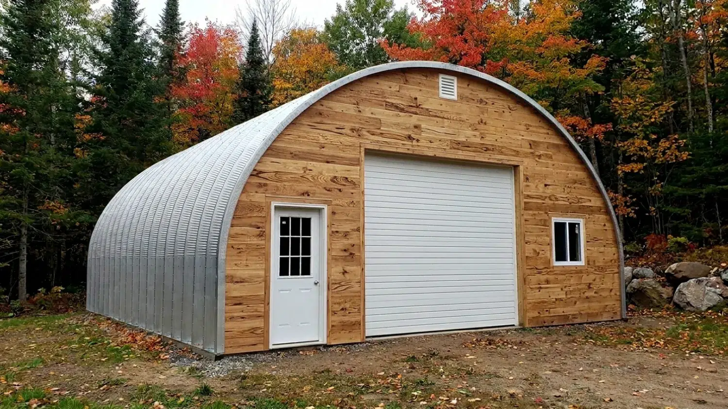 20x40 arched Quonset hut with wood finishes in Kelowna, BC, showcasing steel construction.