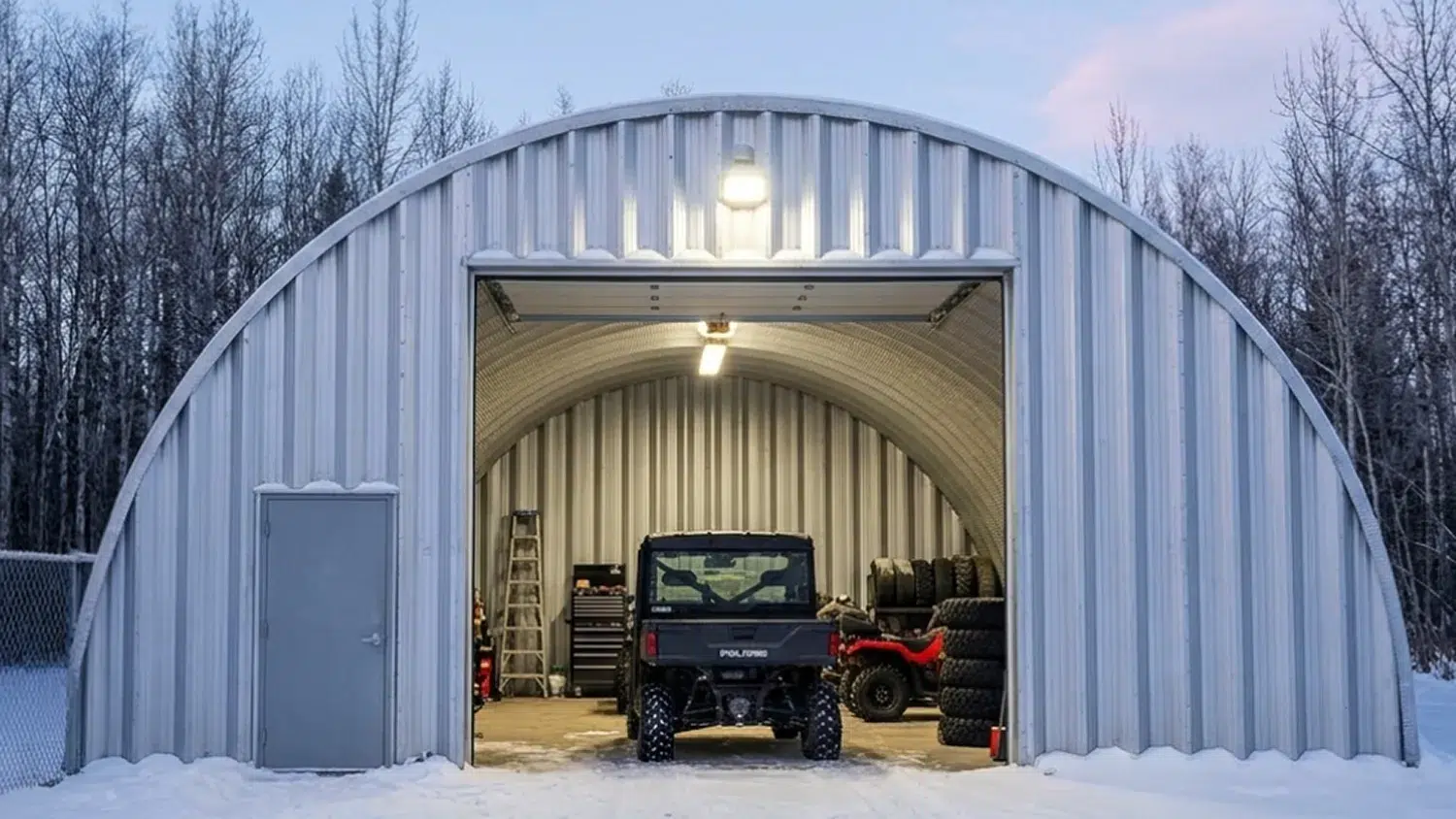 20x20 Quonset hut garage in snowy Moose Jaw with vehicle inside.
