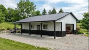 Front exterior view of a 20x36 steel hobby shop in Caledon