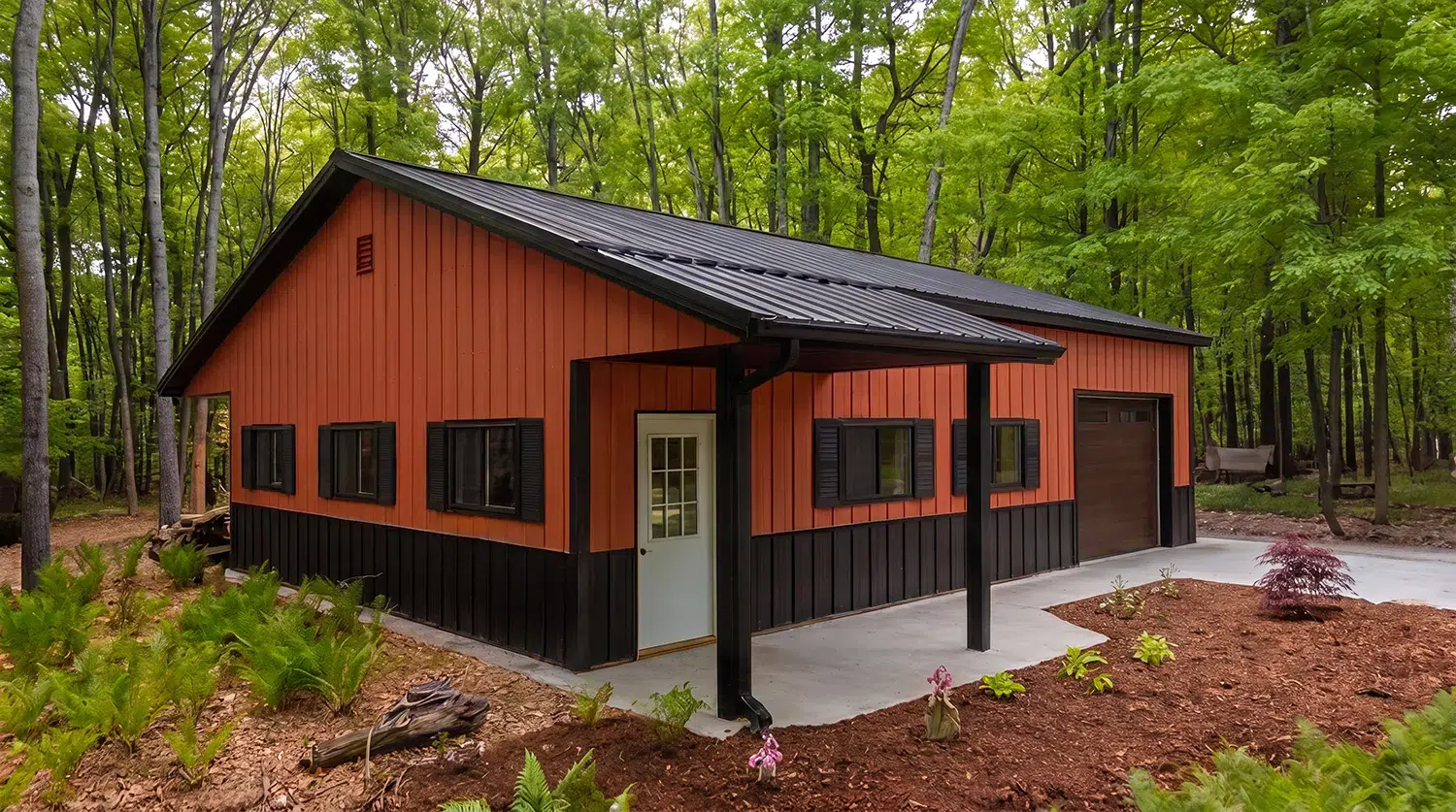 30x30 steel garage amidst trees in Lunenburg, Nova Scotia