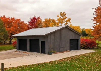 30x32 insulated detached metal garage in Oshawa with fall foliage.