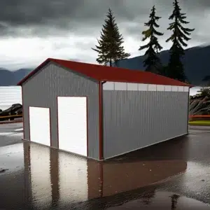 30x40 C-Channel steel garage kit in a rainy Canadian setting.