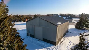 Aerial view of a 30x40 steel building in snowy Ottawa landscape.