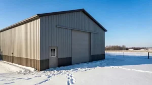 30x40 steel building in Ottawa with front sliding door and snowy surroundings
