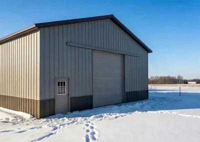30x40 steel building in Ottawa with front sliding door and snowy surroundings