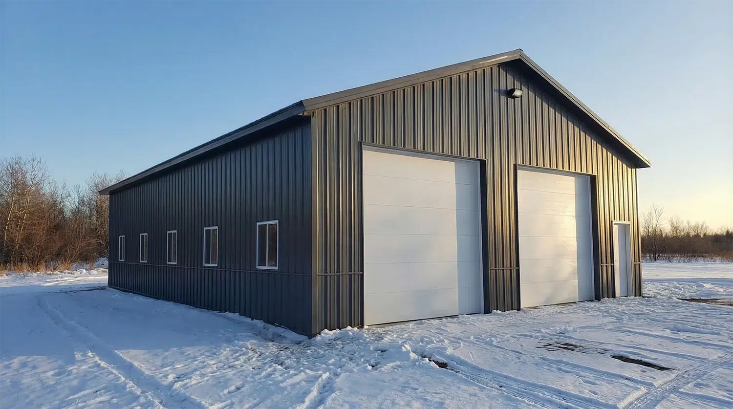 Close-up of a 30x44 steel garage for car collectors in snowy Sarnia landscape