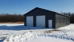 30x44 steel garage exterior view in snowy Sarnia landscape