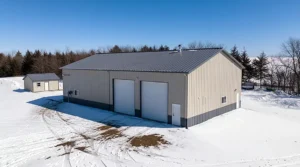 Aerial view of 30x58 steel commercial storage unit in snowy Markham setting.