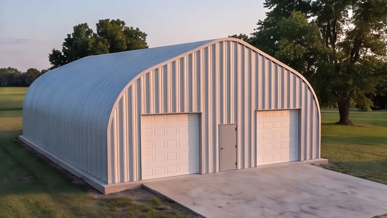 40x50 peaked steel Quonset garage in grassy area.
