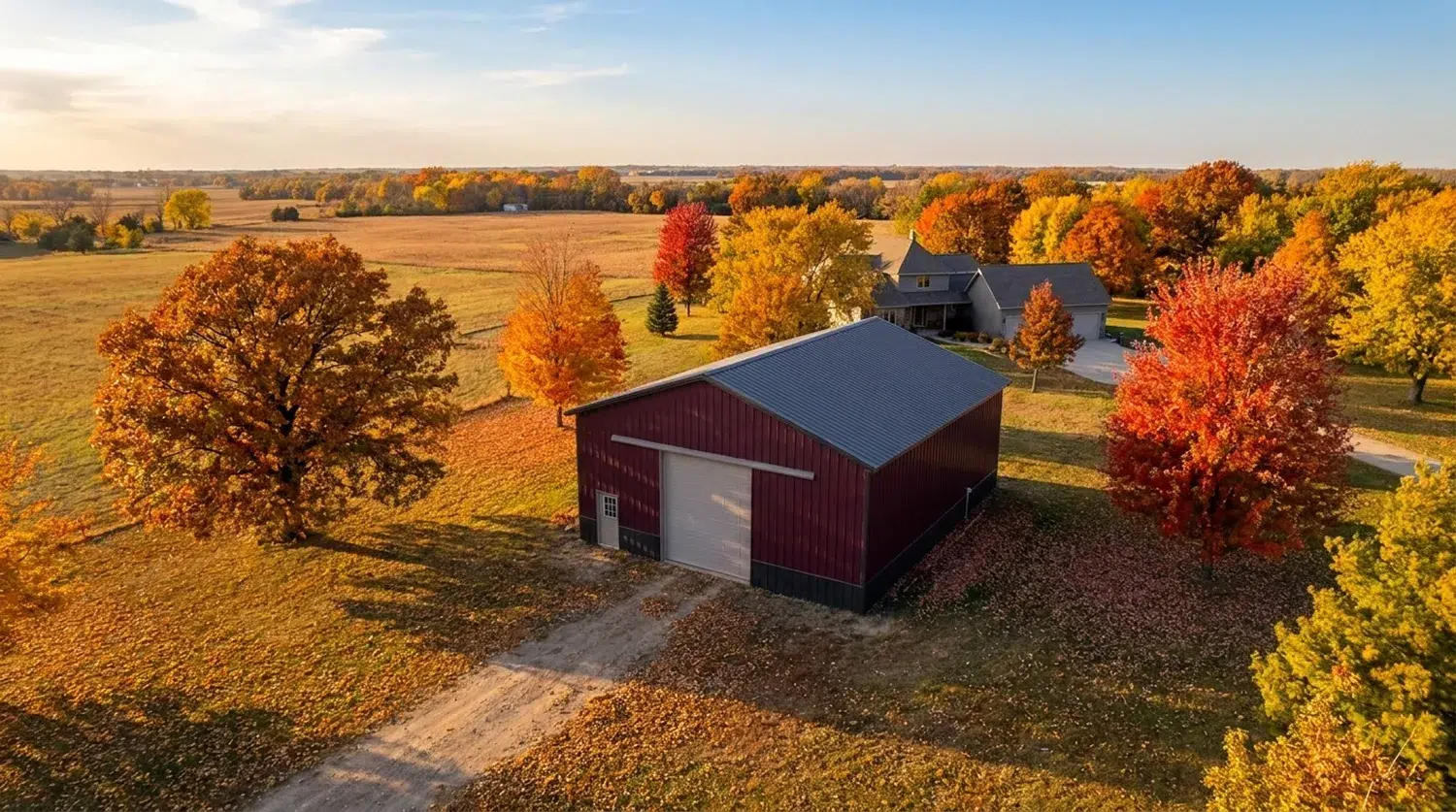 40x50 steel garage in a scenic autumn landscape in Sherbrooke, Quebec