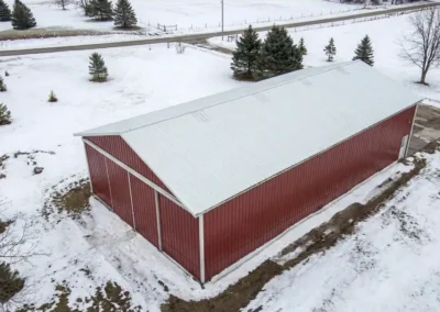 Aerial view of a 40x80 steel industrial warehouse in snowy Brampton