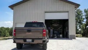 50x36 prefabricated steel garage kit with truck in Kamloops, British Columbia.