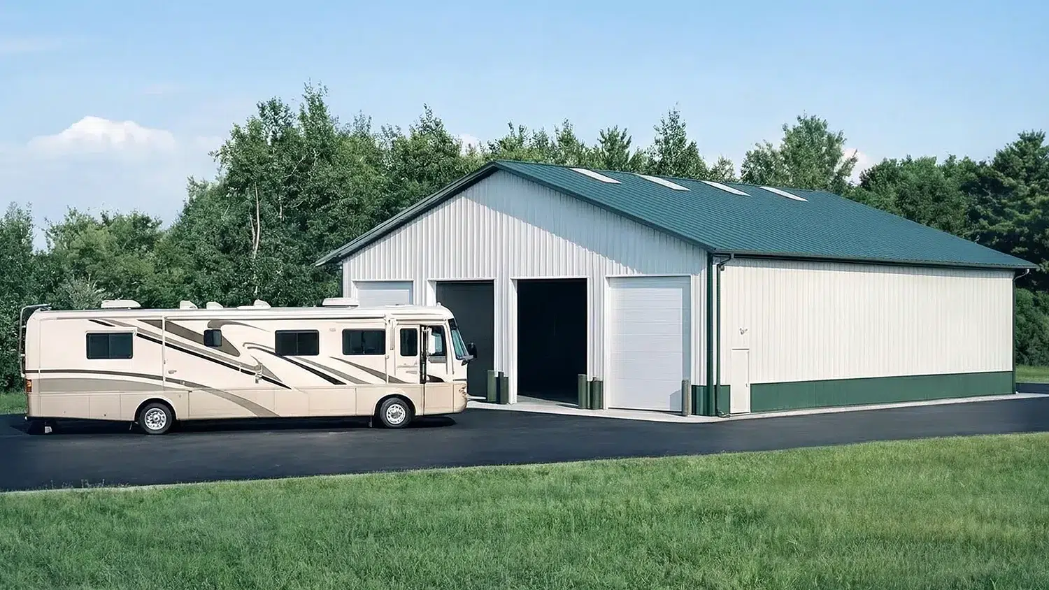60x60 clear-span steel garage with RV parking in Moncton.