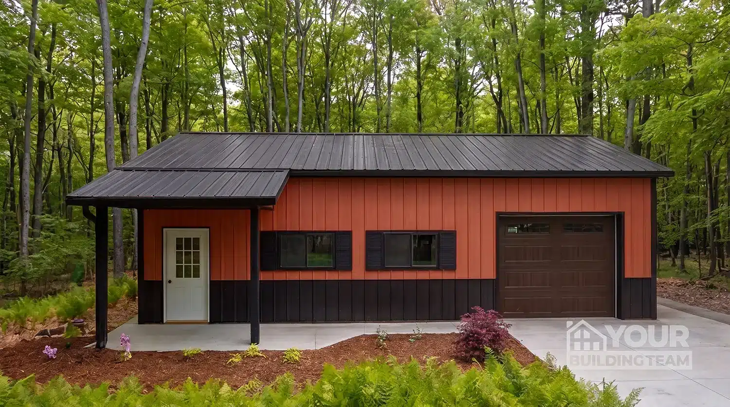 Front View Red Metal Garage Building Lunenburg NS Front view of red metal garage in Lunenburg, showcasing durable steel construction.