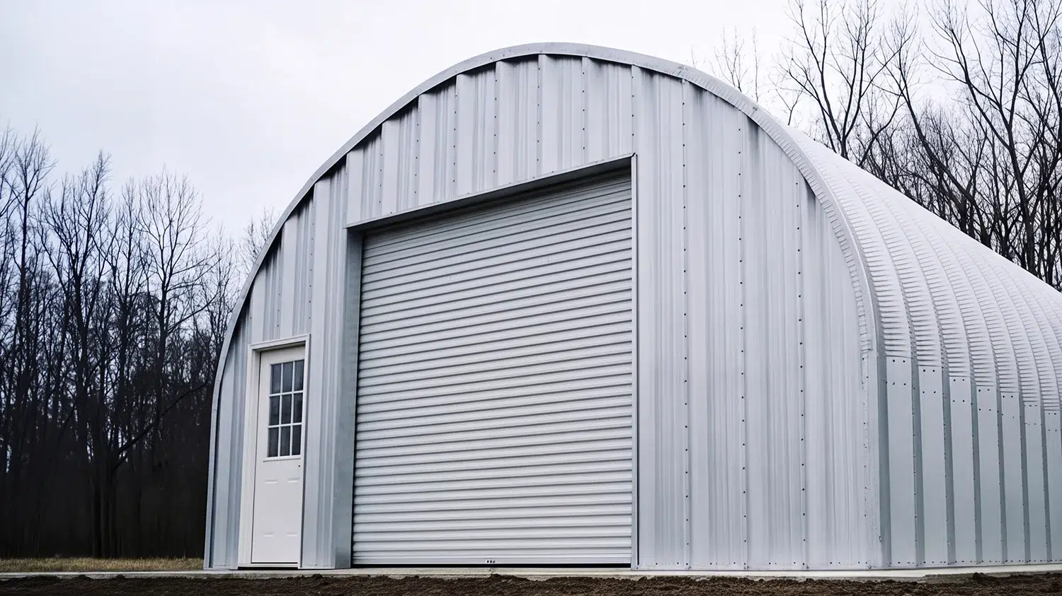Quonset garage building with metal siding in Truro, Nova Scotia.