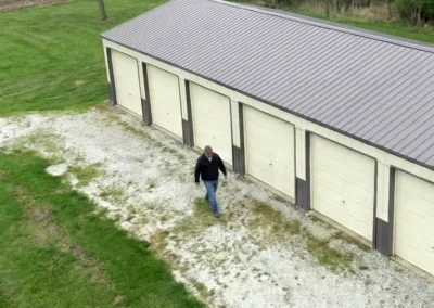 Aerial view of a metal storage building with a tin roof in Peterborough.