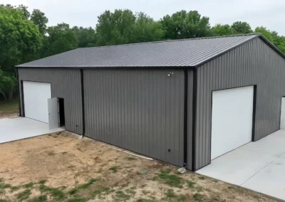 Large steel agricultural storage facility with two large doors.