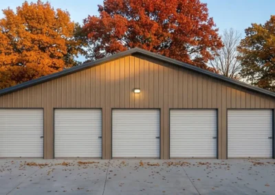 Front view of a multi-unit steel garage with closed white doors.