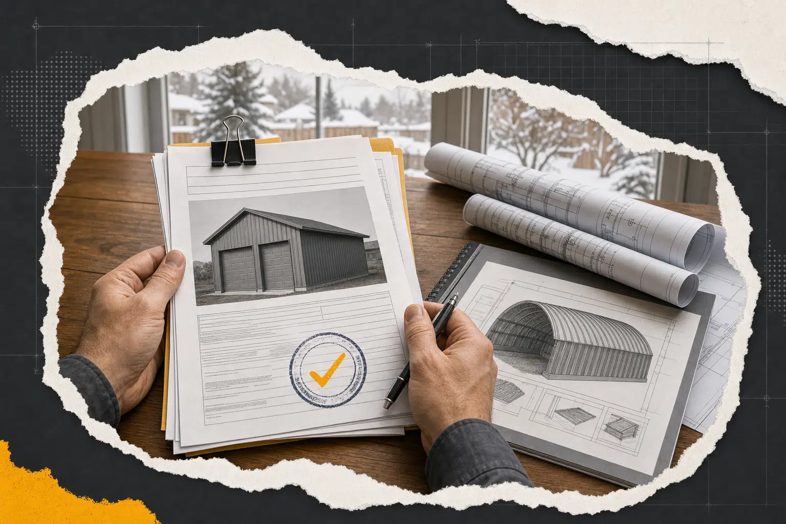 Building permit documents and blueprints for a Canadian garage build