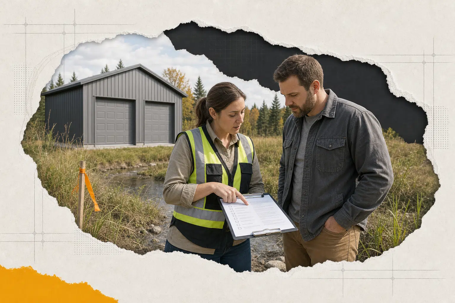 A conservation officer and builder review site plans for a floodplain building permit in Canada by a wetland boundary.