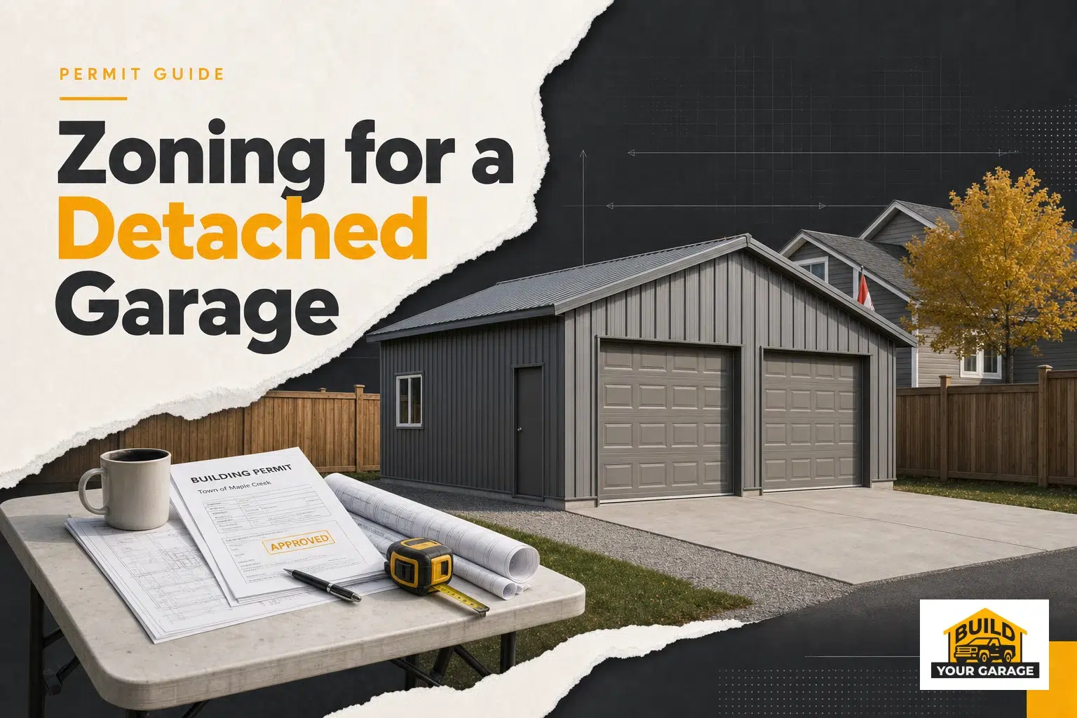 Detached Garage Zoning Rules Canada Guide A prefab C-channel garage kit with permit documents illustrates detached garage zoning rules in Canada.