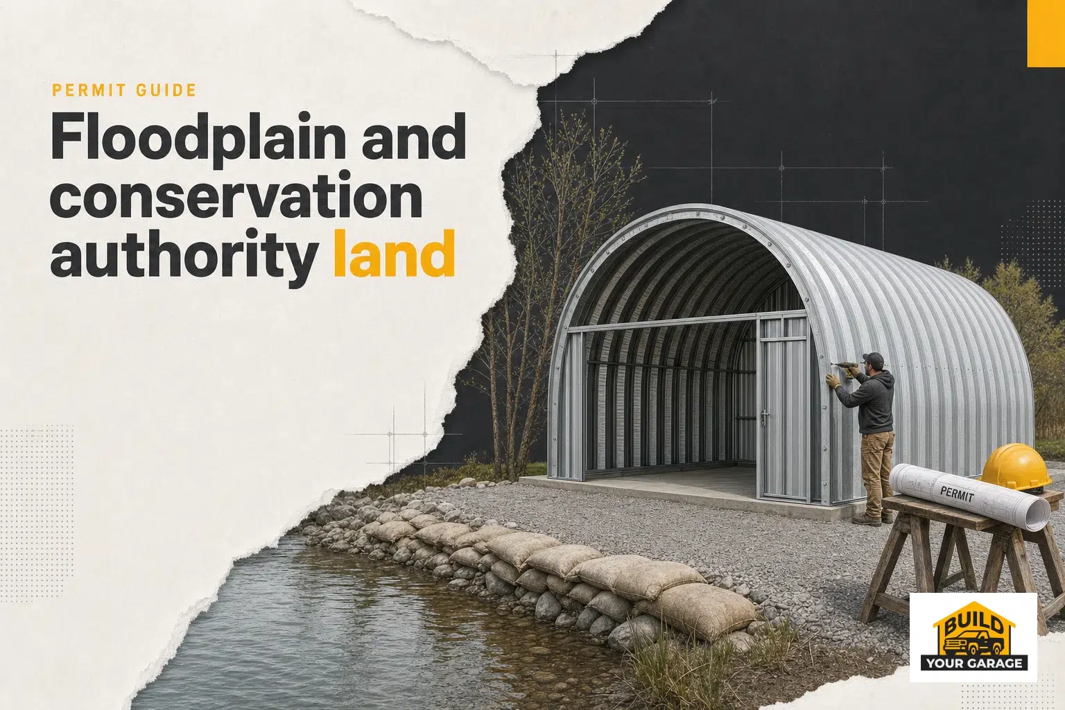 Floodplain Building Permit Canada Steel Garage A Quonset steel garage kit is built near a Canadian riverbank, highlighting the floodplain building permit Canada process.