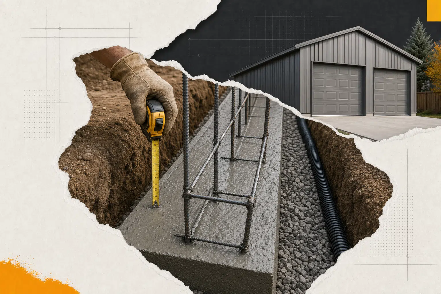 A concrete footing with rebar and drainage installed for a garage foundation