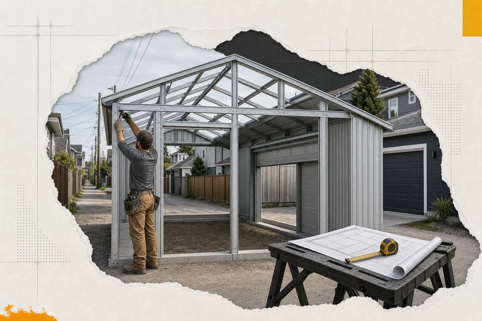 A contractor assembles a prefab garage kit frame in a Canadian laneway