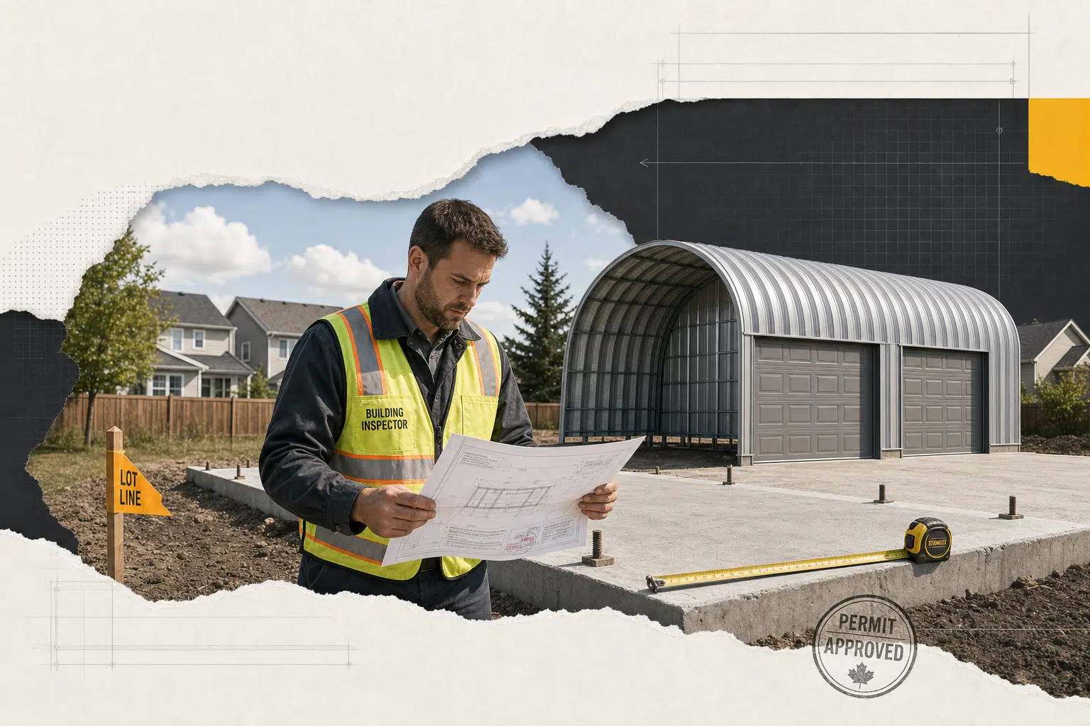 A building inspector checks permit plans and foundation work on a Canadian garage build