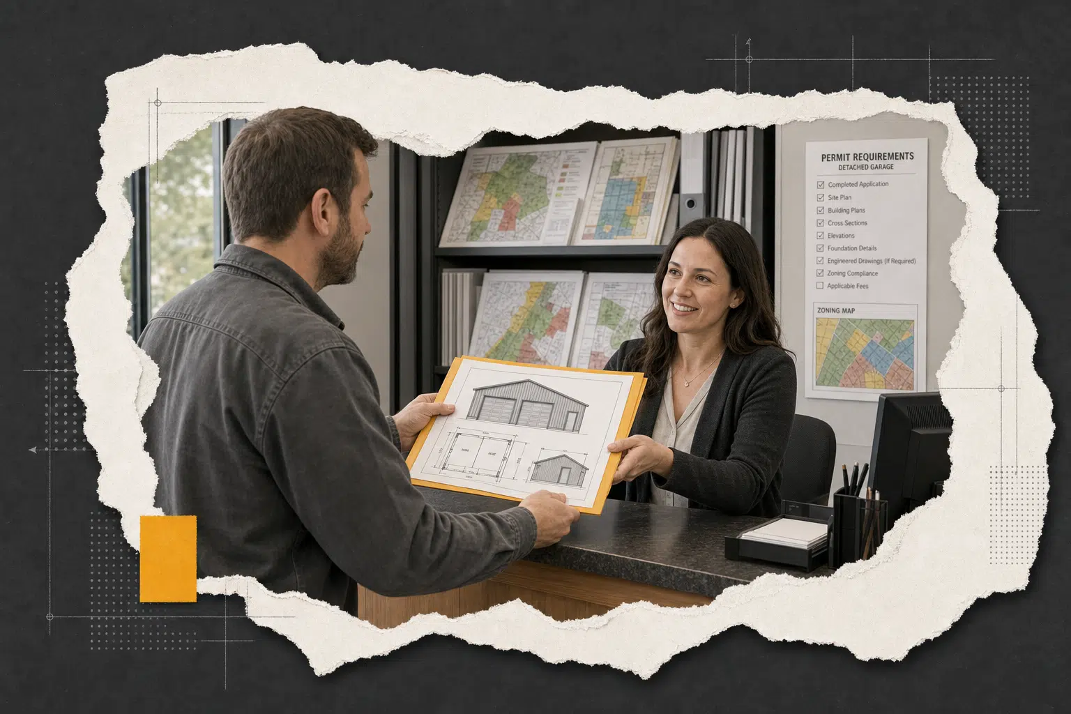 A homeowner submits garage plans at a Canadian planning department