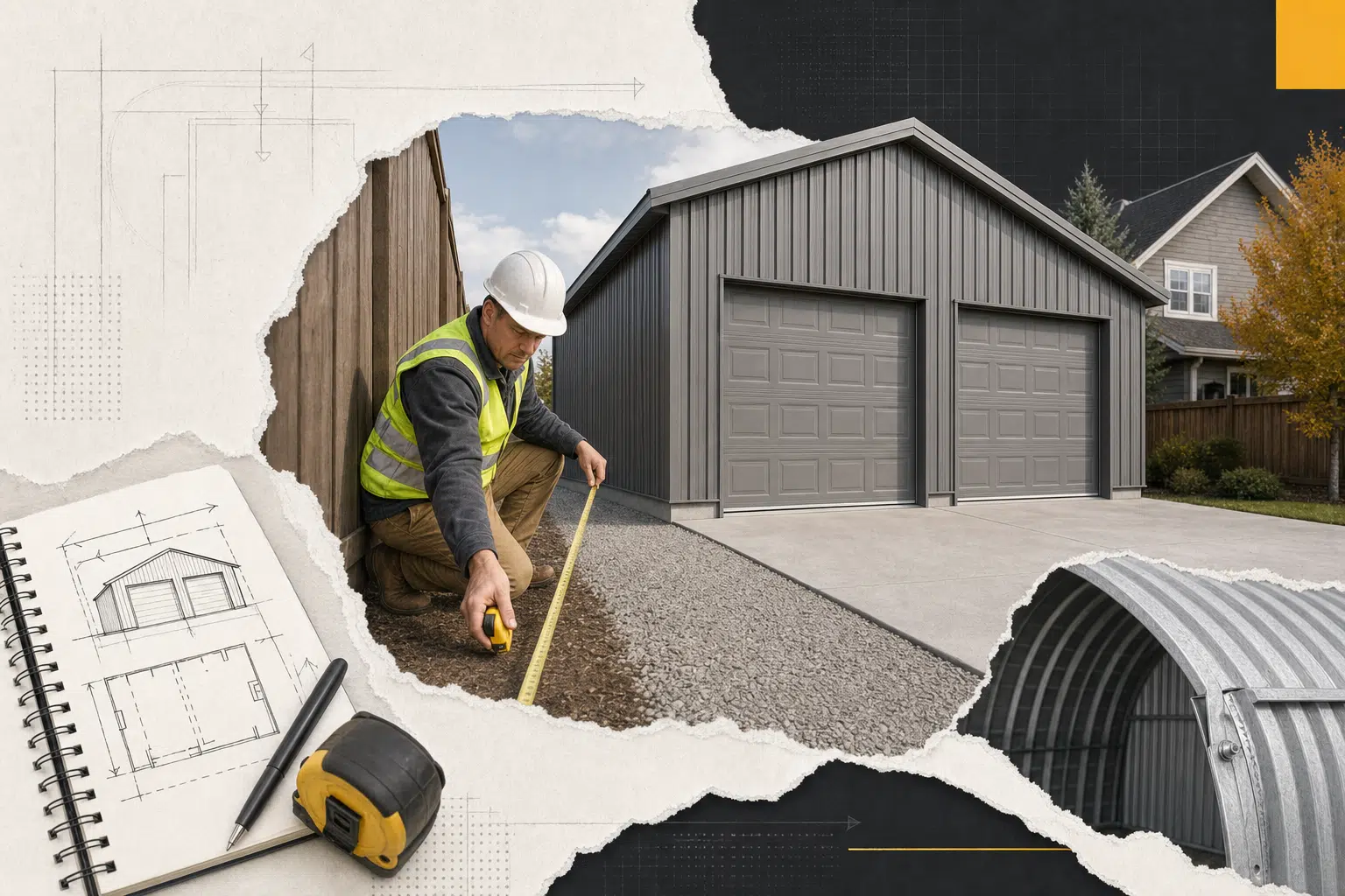 A Canadian building inspector measures garage setbacks to confirm lot coverage rules garage compliance.