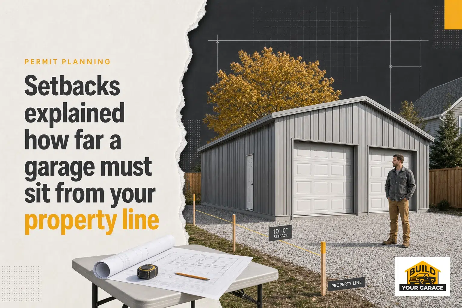 Garage Setback From Property Line Example A prefab steel garage kit positioned at a legal setback distance from a Canadian property line.