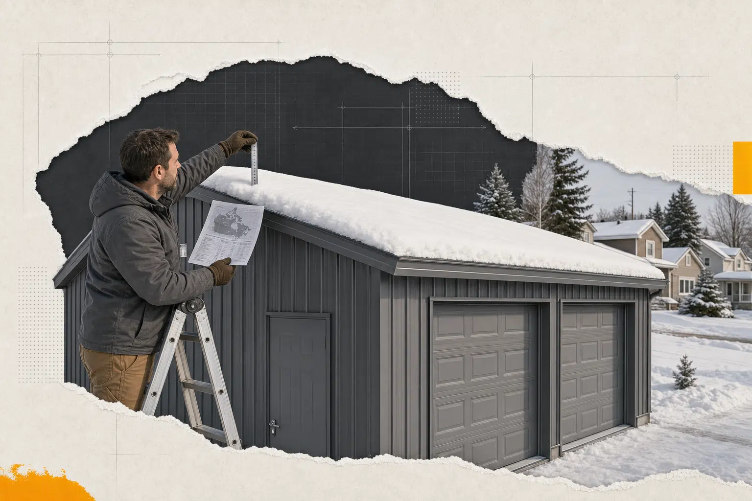 A building inspector measures snow on a steel garage roof using a ruler and a snow load chart for garage snow load Canada.