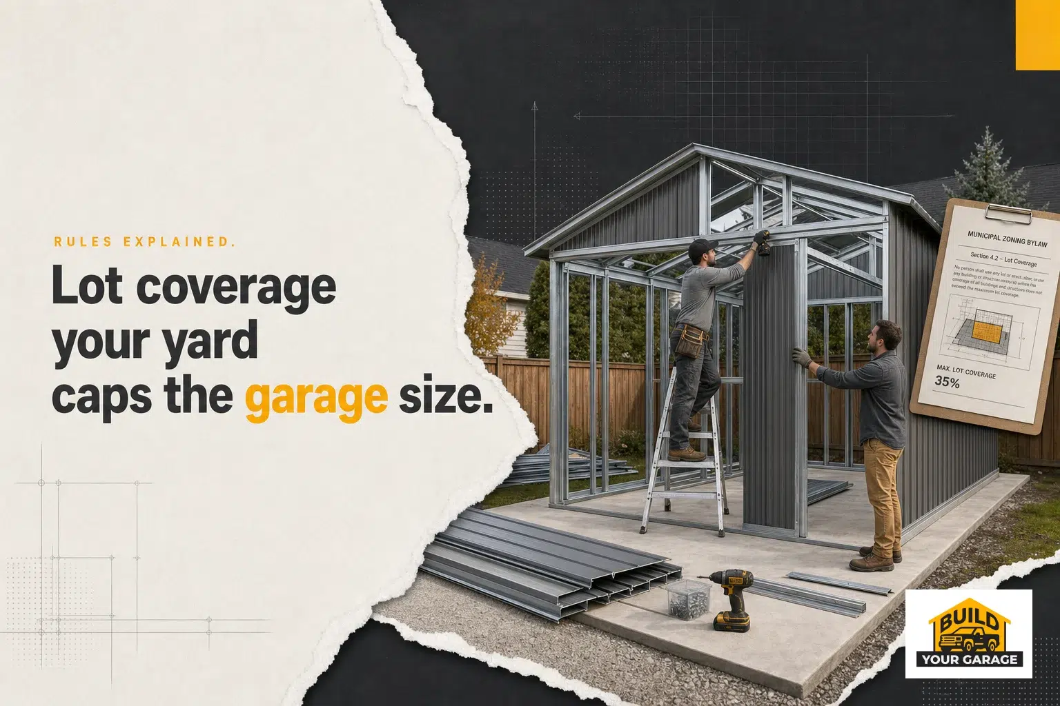Lot Coverage Rules Garage Size Canada A prefab C-channel steel garage kit is installed in a Canadian backyard, showing lot coverage rules garage compliance.