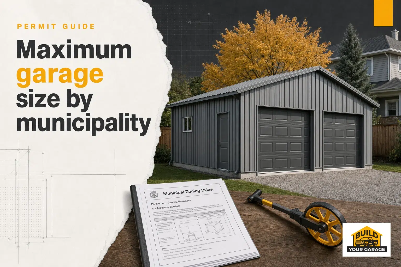 Maximum Detached Garage Size Canada Guide A C-channel prefab steel garage in a Canadian backyard with municipal documents showing maximum detached garage size Canada.