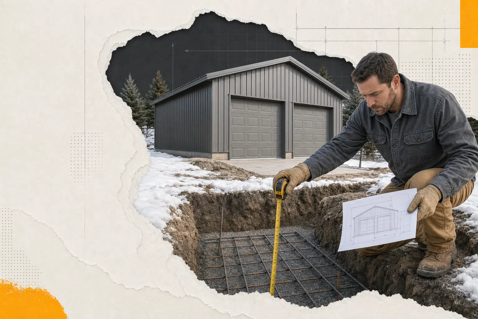 A builder measures trench depth for a garage foundation in Canada, ensuring it is below the frost line.