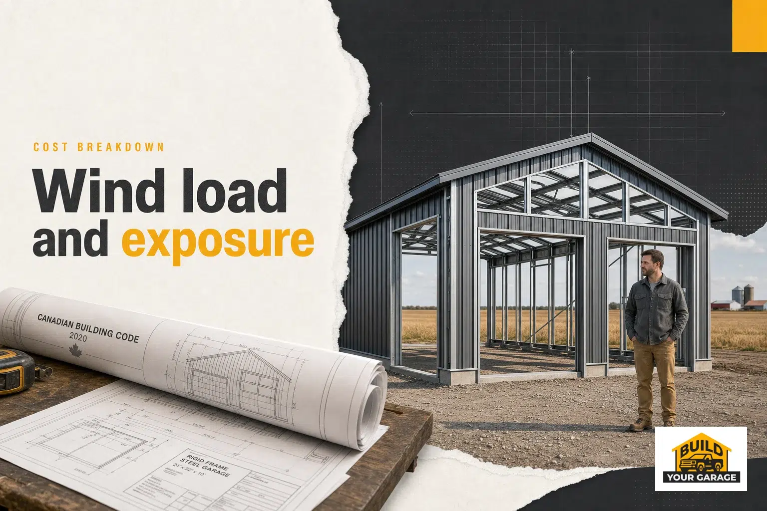 A rigid frame steel garage kit being assembled on a Canadian prairie lot, showing wind load steel garage canada.