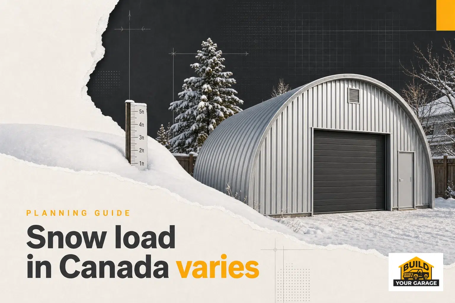 A Quonset prefab steel garage in Canada with a snow gauge showing deep snow, illustrating garage snow load Canada.
