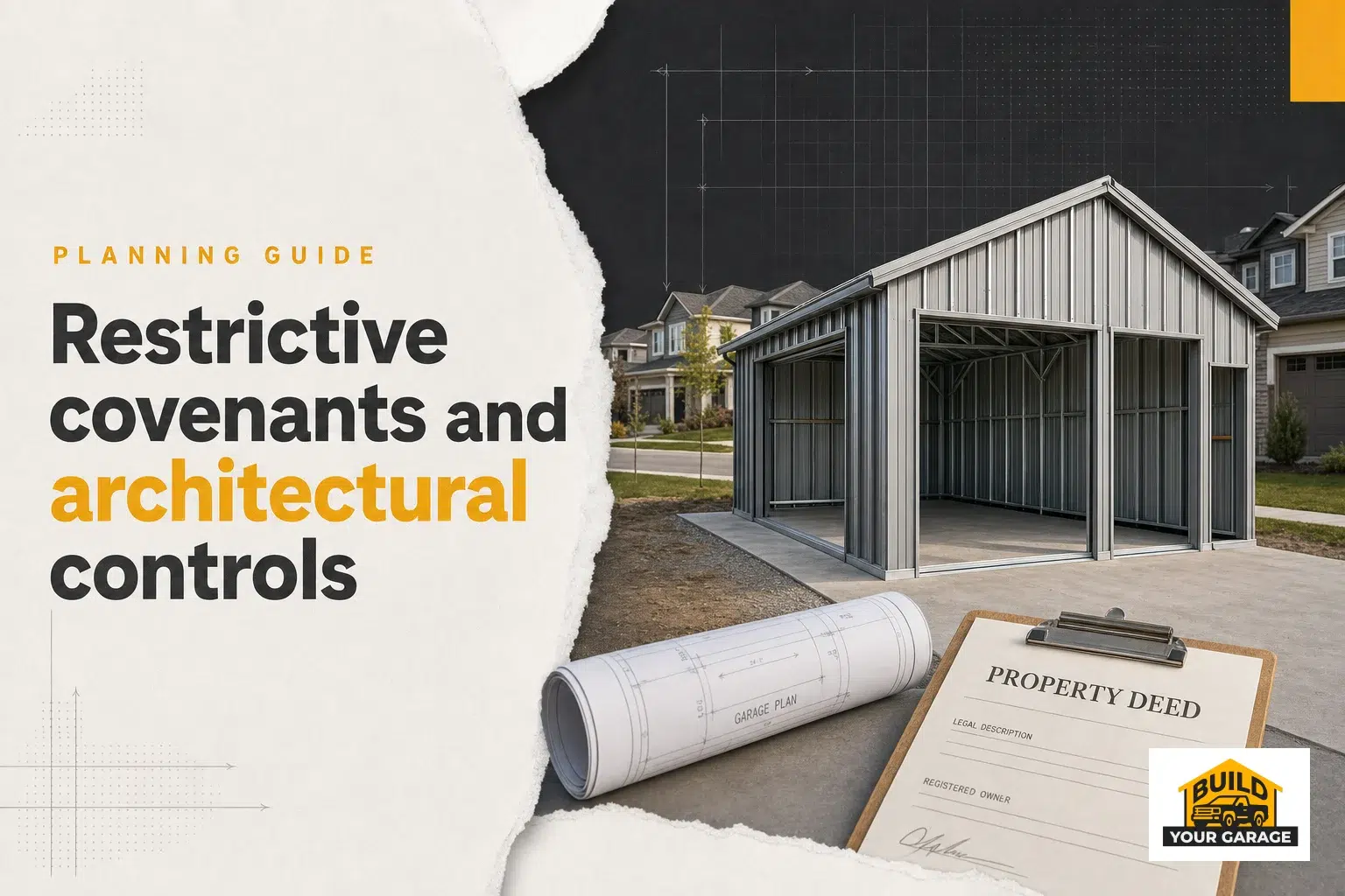 Restrictive Covenant Garage Canadian Subdivision A C-channel prefab garage and deed illustrate restrictive covenant garage requirements in a Canadian subdivision.