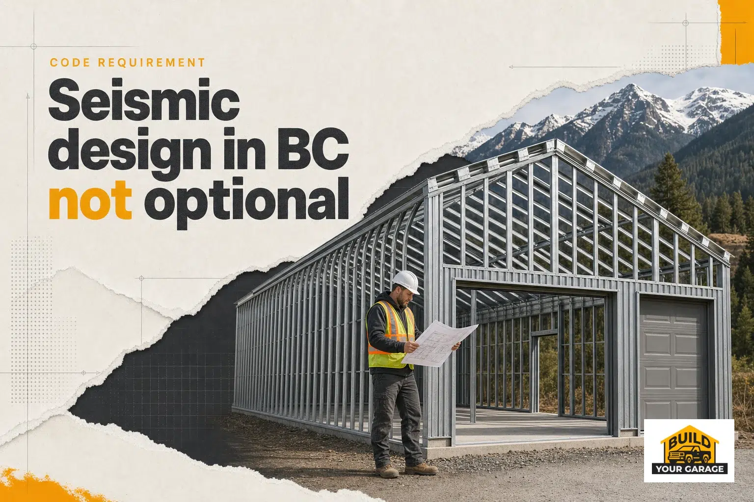 A C-channel prefab steel garage kit being assembled in British Columbia, highlighting seismic garage design BC.