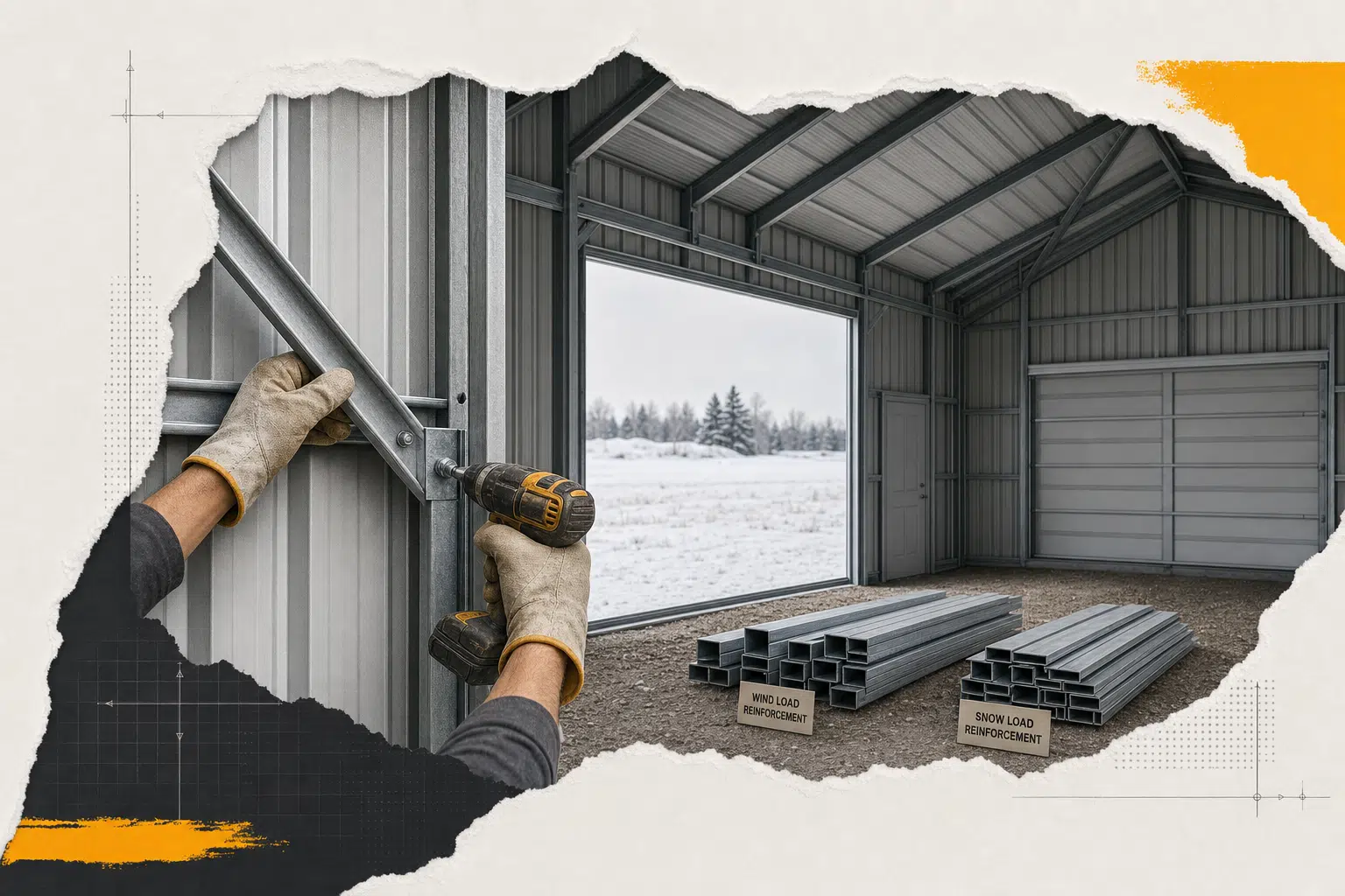 Steel bracing installed inside a prefab garage frame