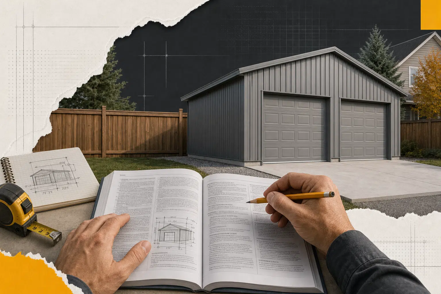 A zoning bylaw document and measuring tape used to determine garage setback from the property line in Canada.